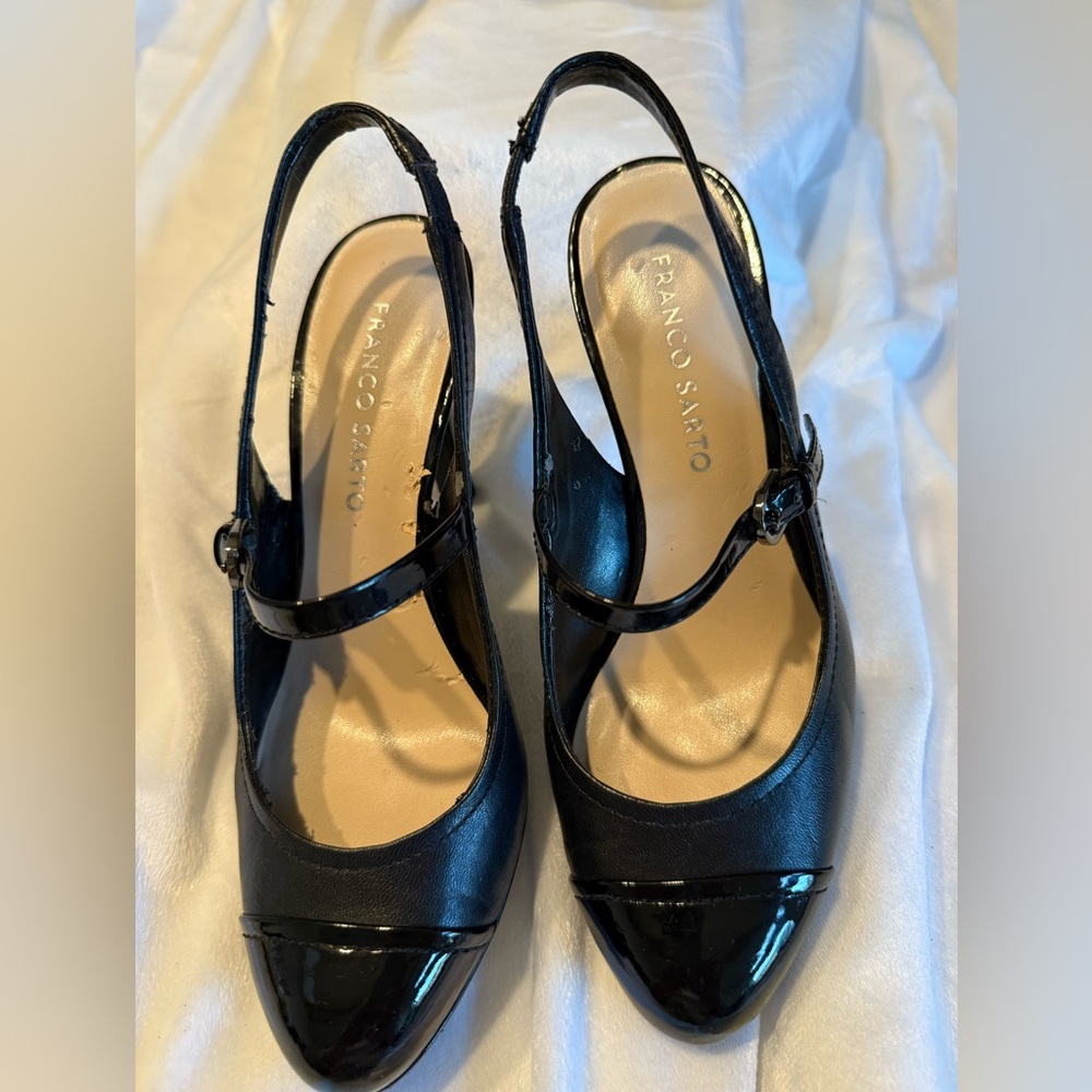 Franco Sarto Vintage Black Leather Mary Jane Slingback Heels